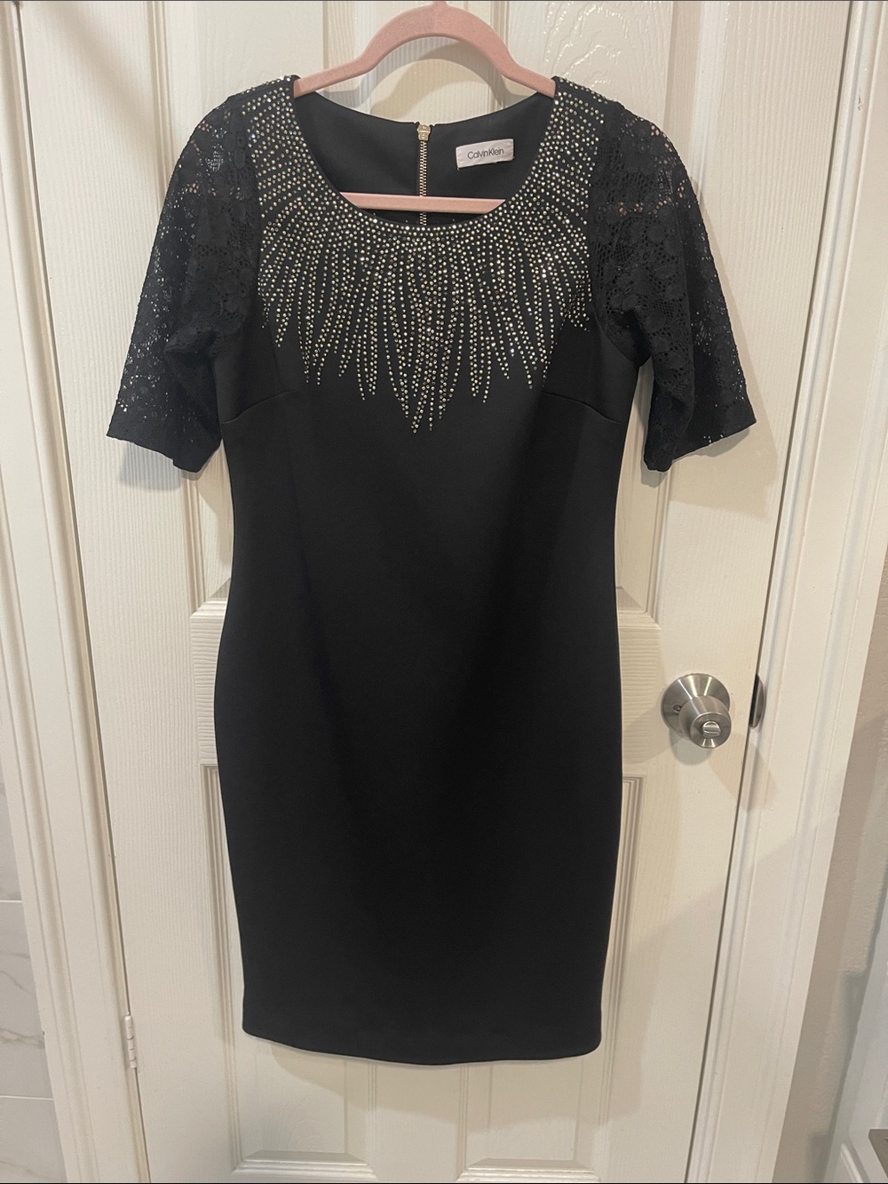 Calvin Klein Black Midi Dress with Crystal-Embellished Neckline